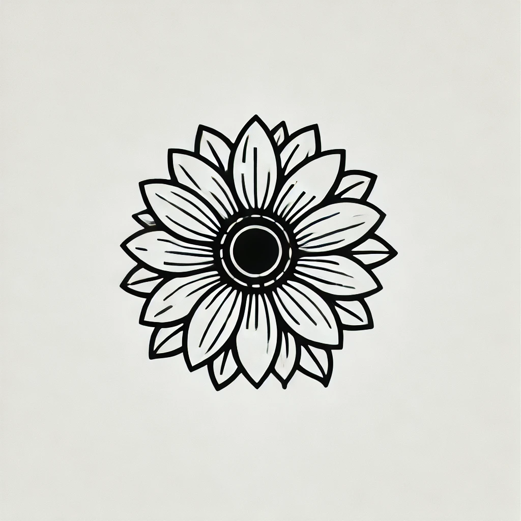idea de tatuaje de girasol minimalista en blanco y negro