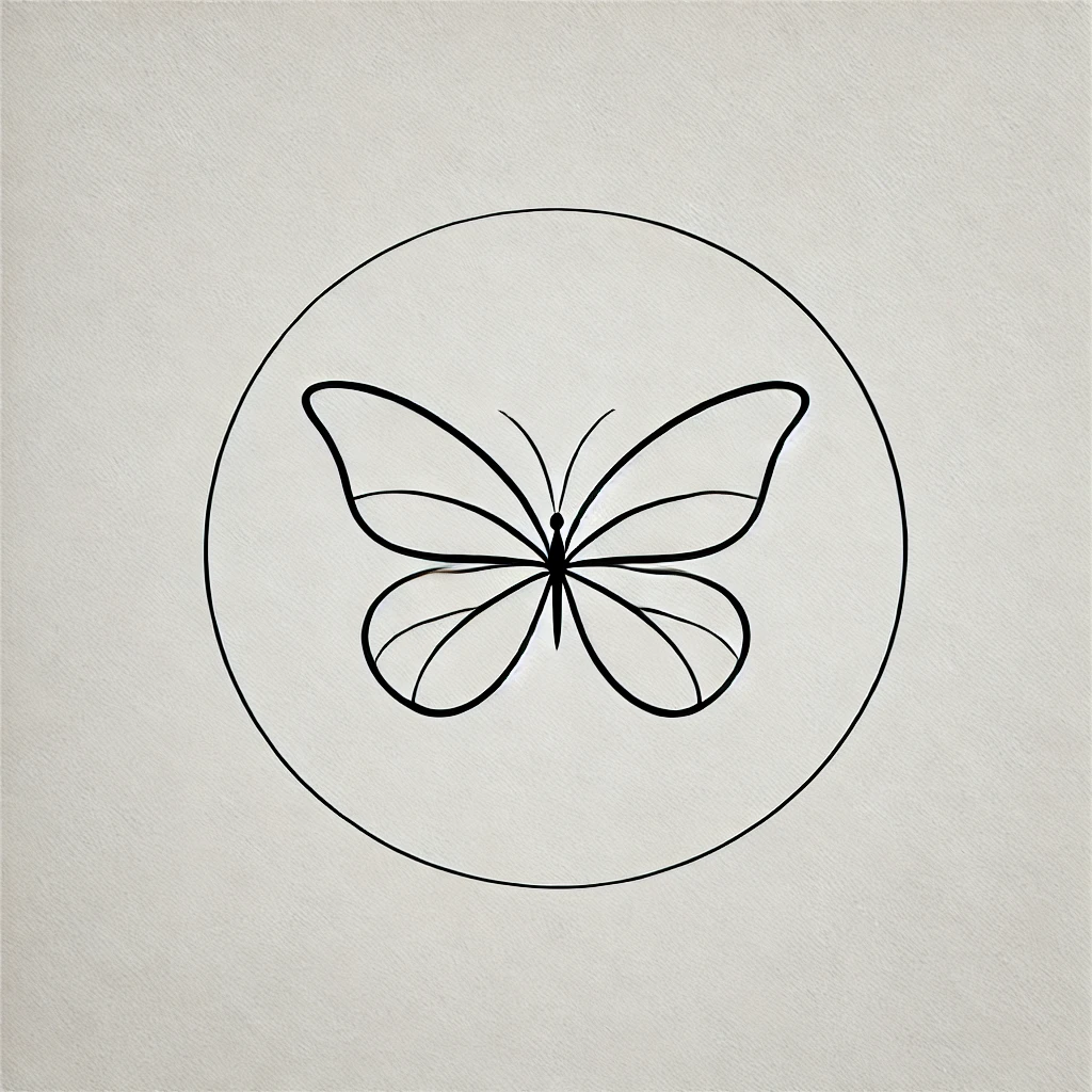 Diseño minimalista de una mariposa con líneas finas y sutiles en blanco, negro y escala de grises, ideal para ideas de tatuajes de mariposas.