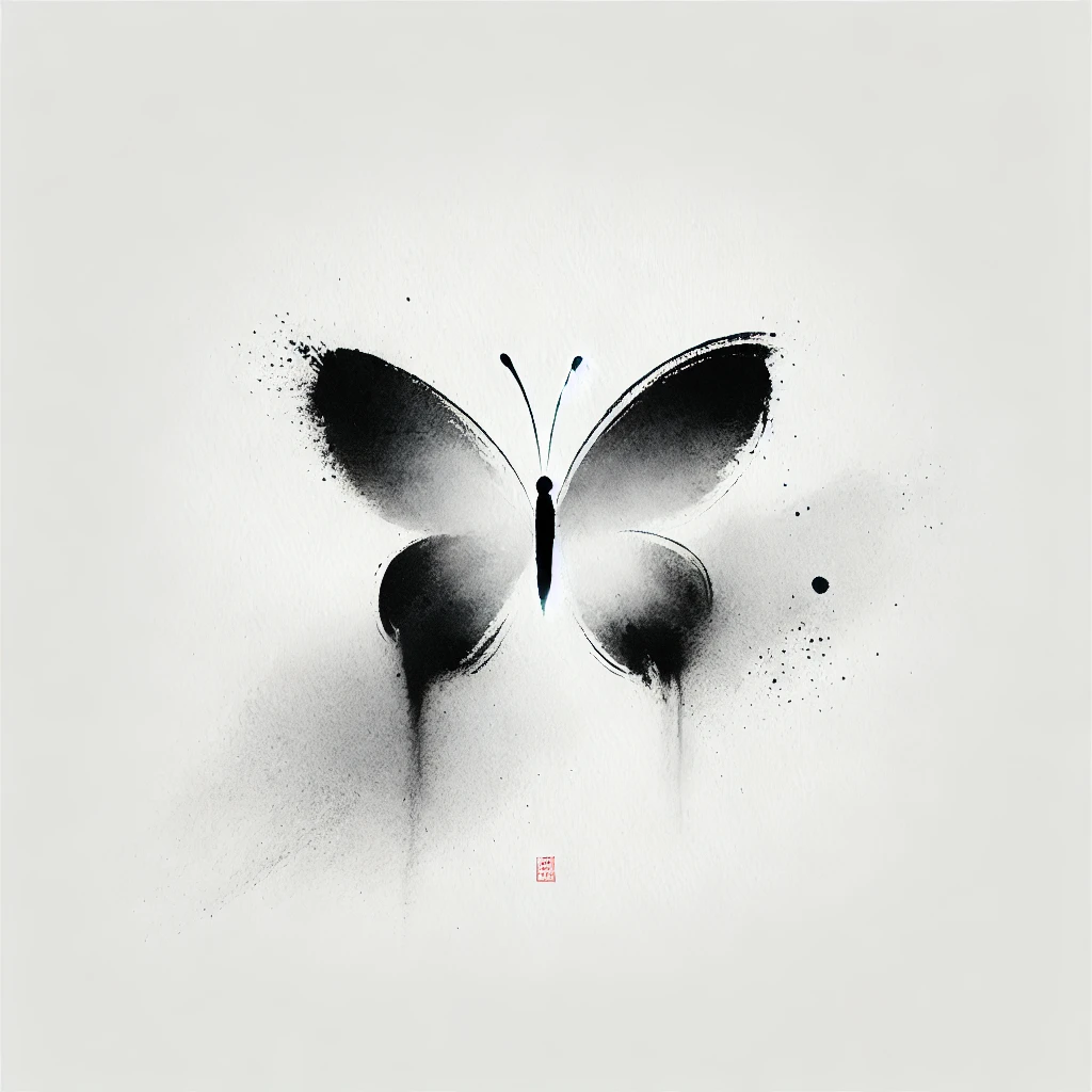 "Arte minimalista de una mariposa en tinta japonesa, con trazos elegantes y detalles difuminados en escala de grises