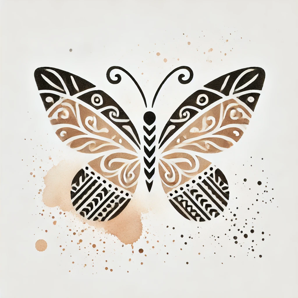 Diseño simplificado de mariposa con patrones polinesios, líneas elegantes y fondo blanco,