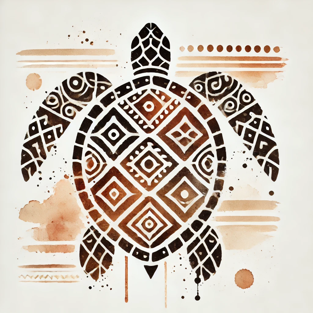 Diseño de tortuga con patrones polinesios en estilo acuarela minimalista, ideal como inspiración para ideas de tatuajes de animales.