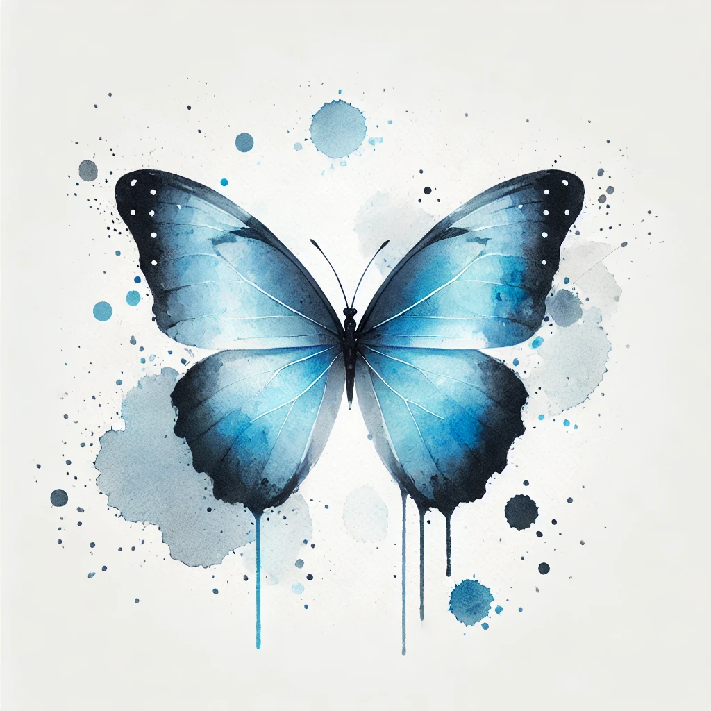 Diseño abstracto en acuarela de una mariposa azul morfo, ideal para ideas de tatuajes de mariposas artísticas y modernas."