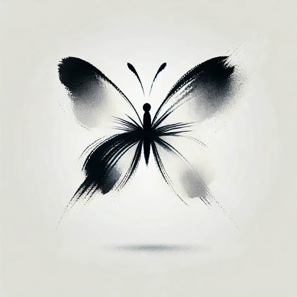 Mariposa pintada en estilo sumi-e japonés, con líneas difuminadas en negro y fondo blanco