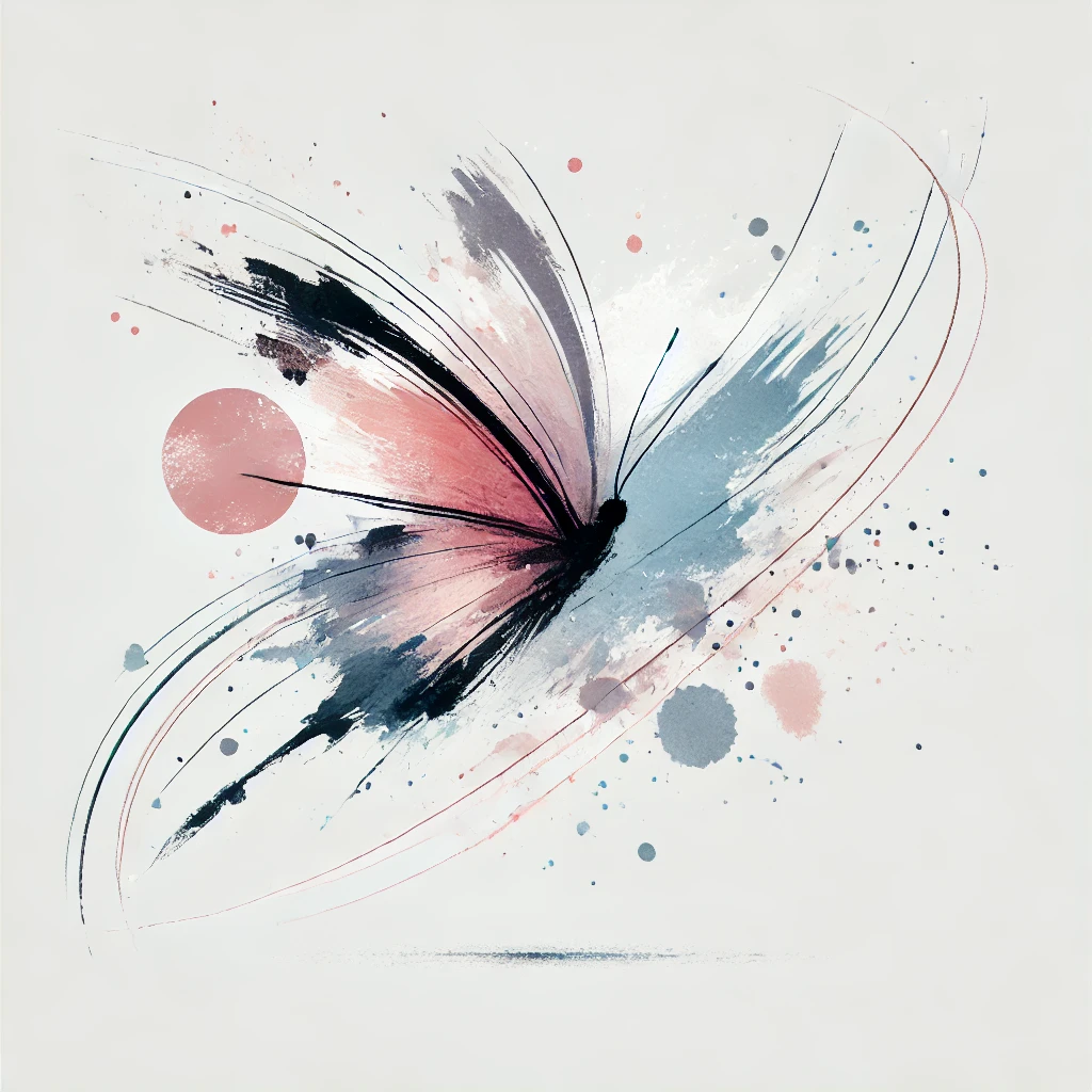 Diseño abstracto y artístico de mariposa en movimiento con tonos pastel y estilo acuarela