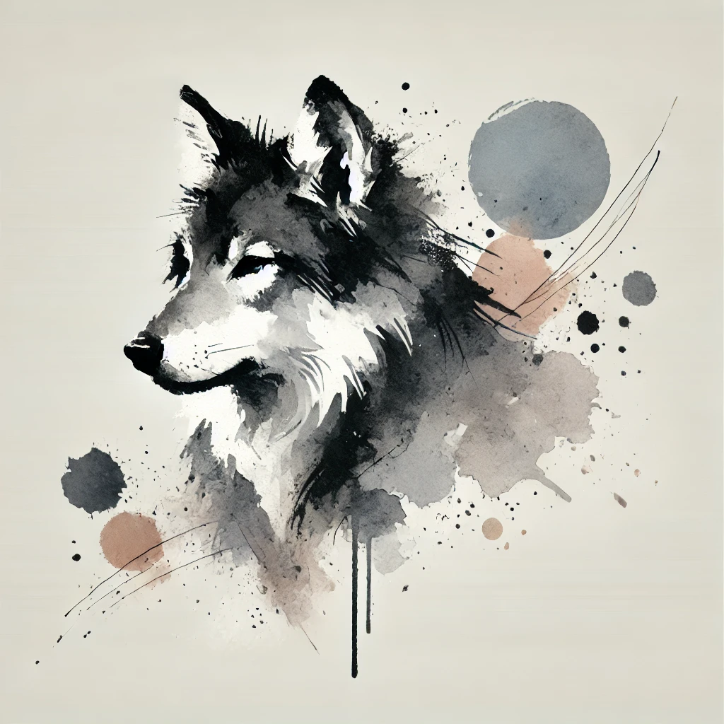 tatuaje de cabeza de lobo en acuarela en escala de grises y color