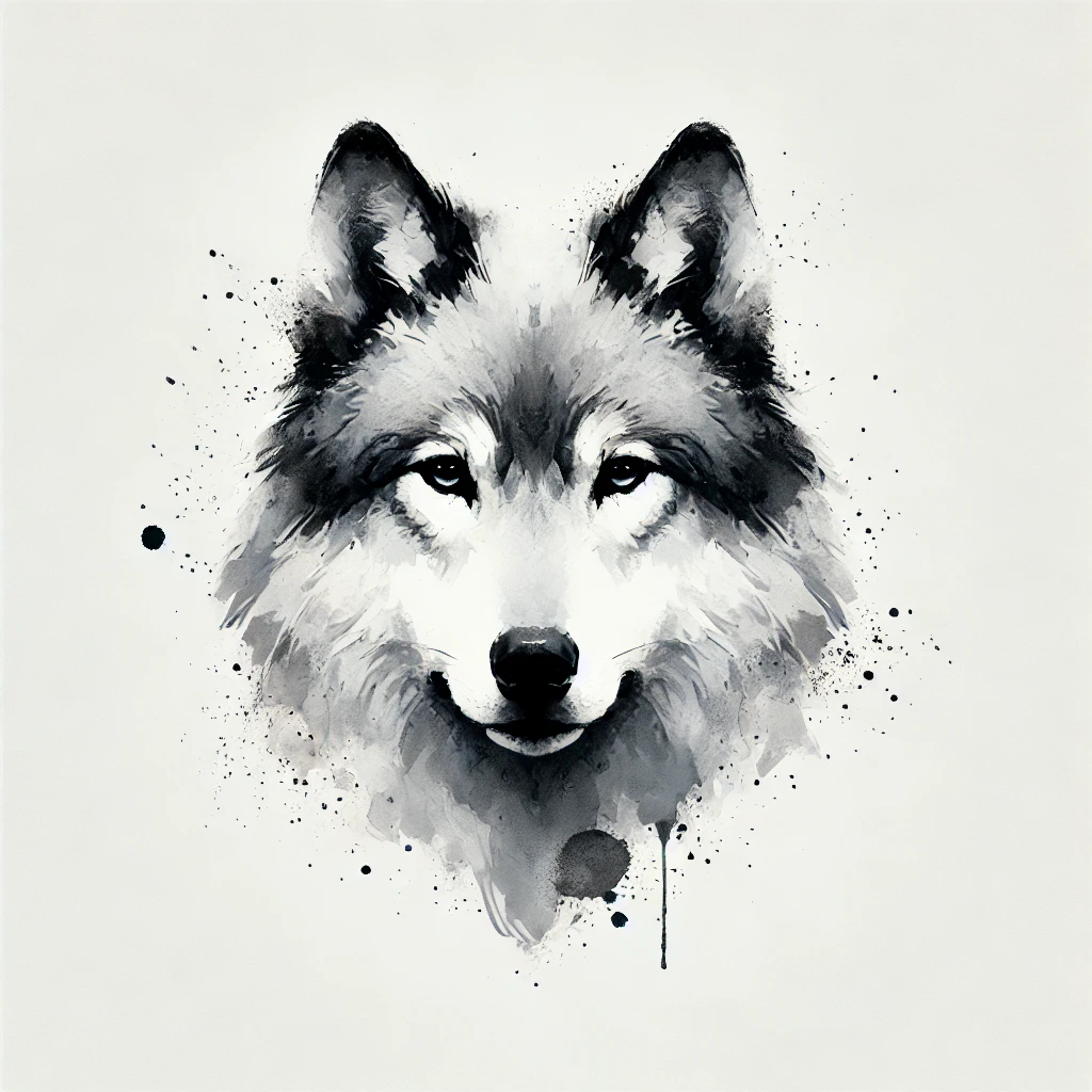 dibujo de cabeza de lobo en blanco y negro en estilo acuarela