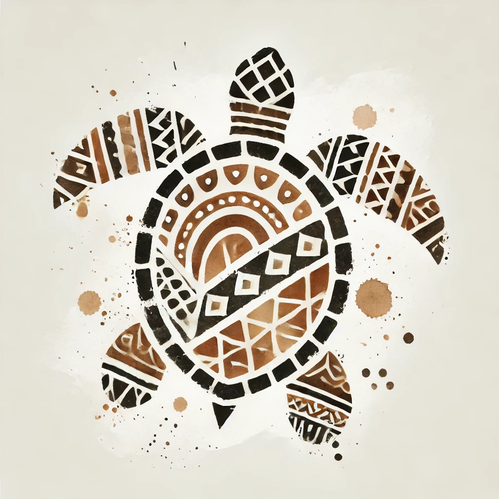 Arte minimalista de una tortuga con motivos polinesios, realizado en estilo acuarela, perfecto para ideas de tatuajes de animales.